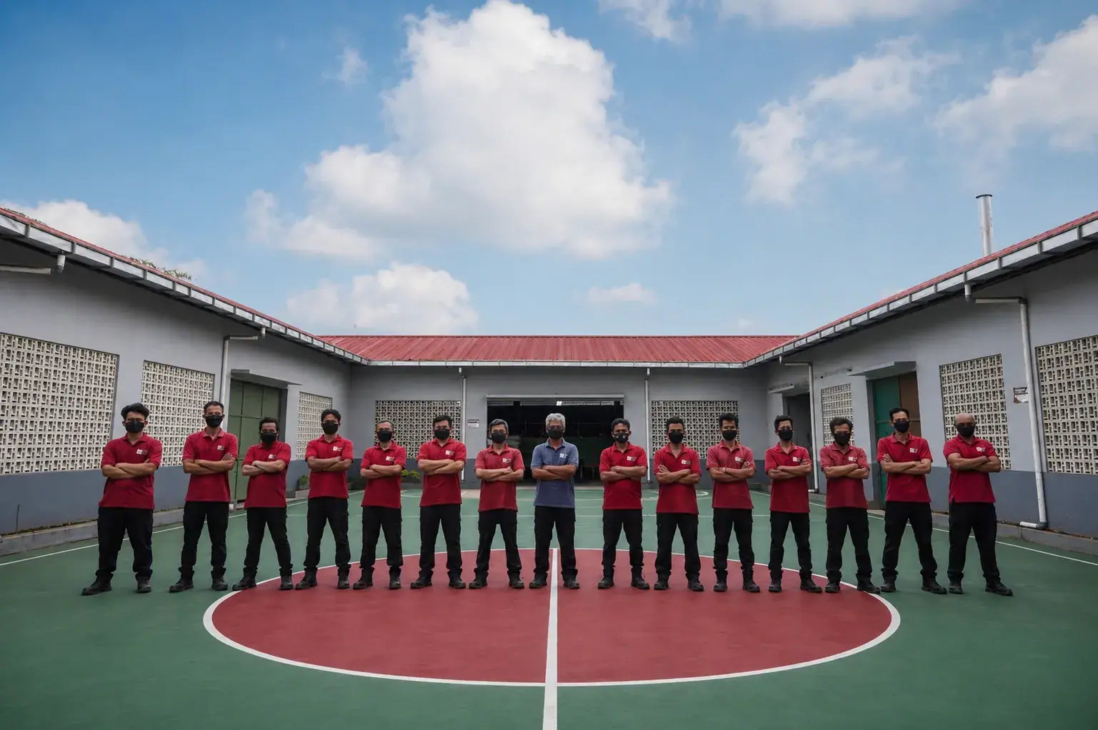 The SainiOud production team standing together in the factory courtyard.