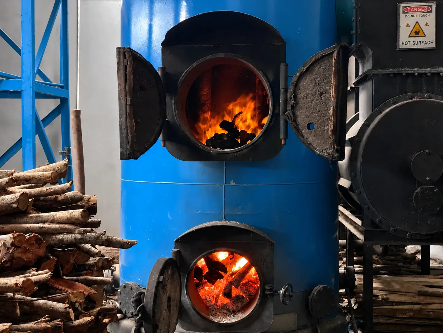 The wood-fired boiler that drives the stills, both fire doors open, with cut firewood stacked beside it.
